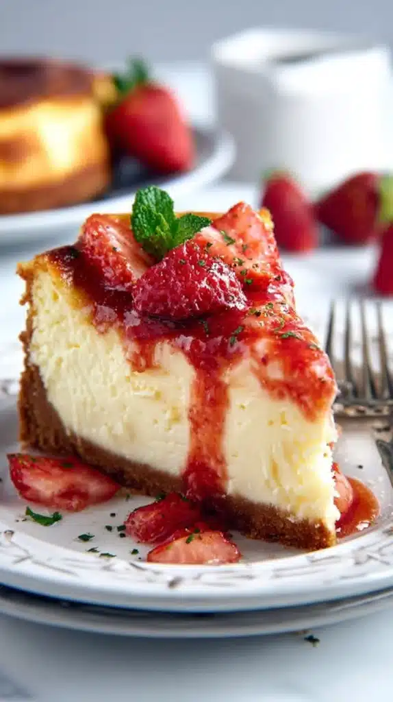 French Cheesecake: Simple, Stunning Cloud Slice plated wedge with strawberry sauce and mint.