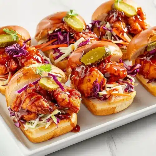 White platter filled with hot honey chicken sliders topped with purple cabbage slaw, carrot strips, pickles and hot honey sauce on soft toasted buns.
