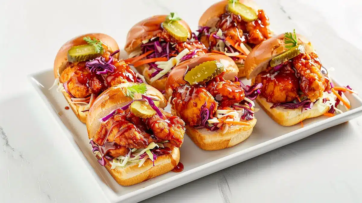 White platter filled with hot honey chicken sliders topped with purple cabbage slaw, carrot strips, pickles and hot honey sauce on soft toasted buns.