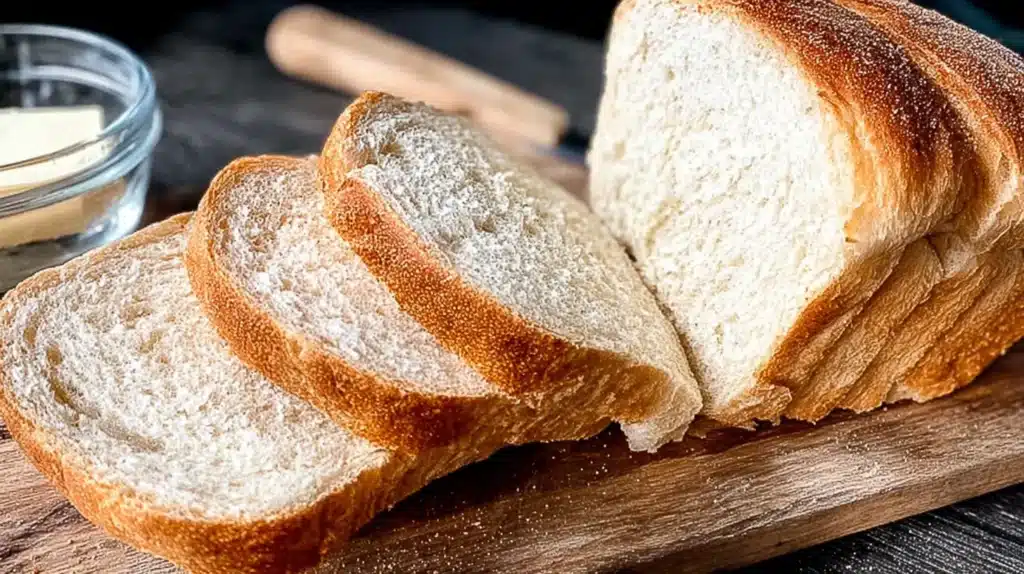 Sliced loaf of soft white bread on a wooden board with a butter dish in the background, made with a potato flake sourdough starter.
