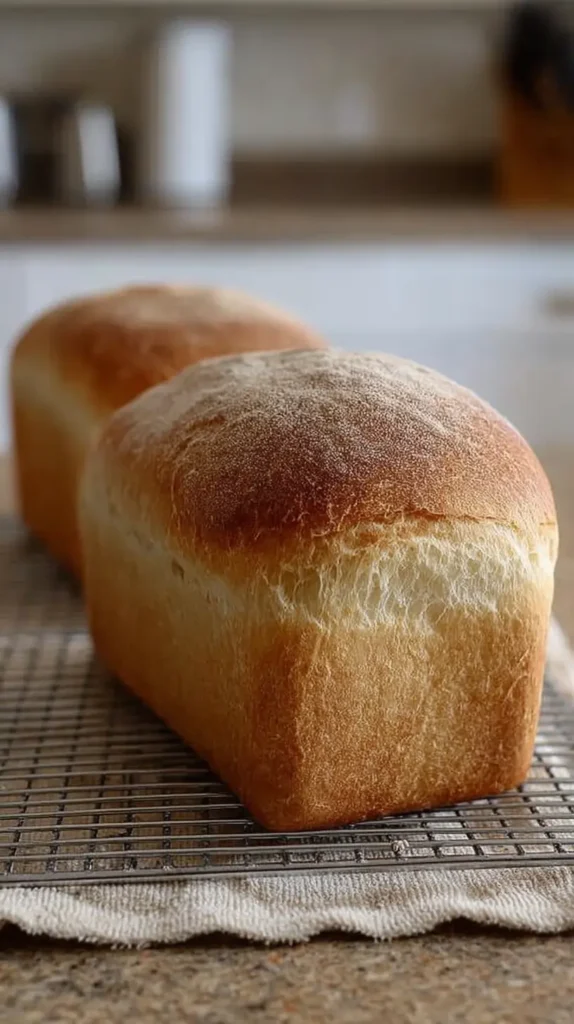 Two golden potato-flake sourdough sandwich loaves cooling on a wire rack in a home kitchen.