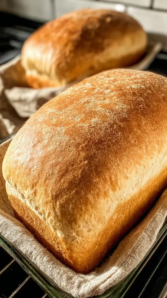 Two golden, high-rising loaves of recipes using potato flake sourdough starter, showing a domed, evenly browned crust.
