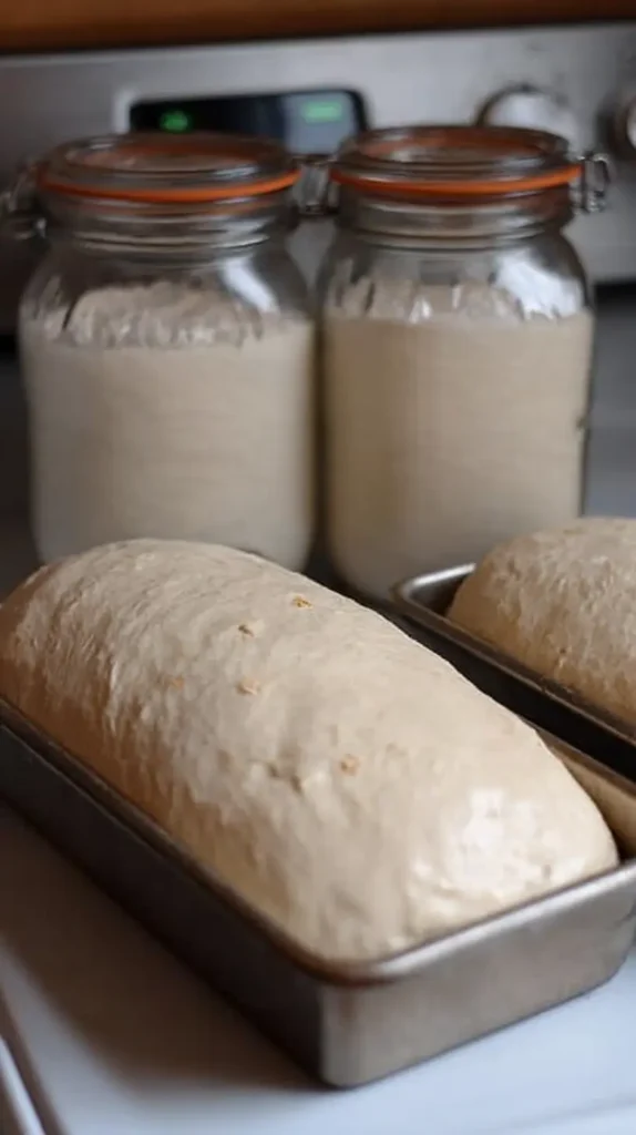 Two loaf pans filled with risen potato-flake sourdough dough resting on a stovetop, with two lidded glass jars of active starter in the background.