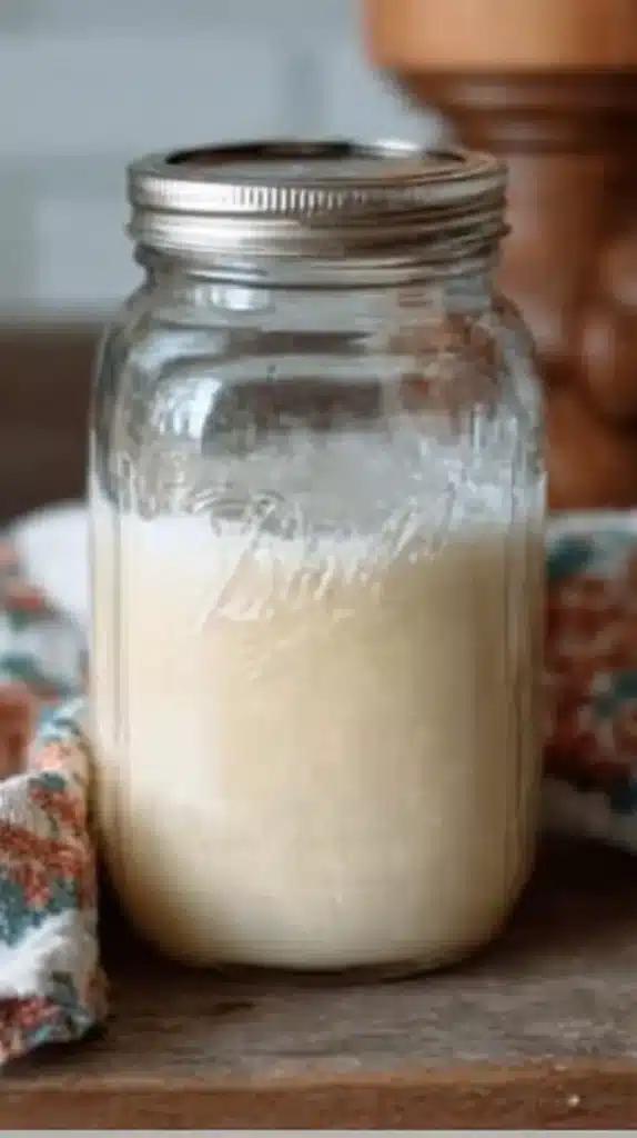Glass mason jar filled halfway with creamy, bubbly potato-flake sourdough starter, lidded and resting on a wooden counter beside a patterned towel.