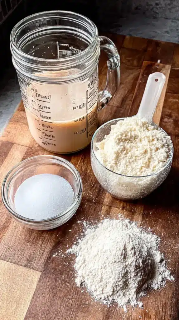 Measuring jar with active potato-flake starter beside bowls of granulated sugar, instant potato flakes, and a mound of flour on a wooden board.