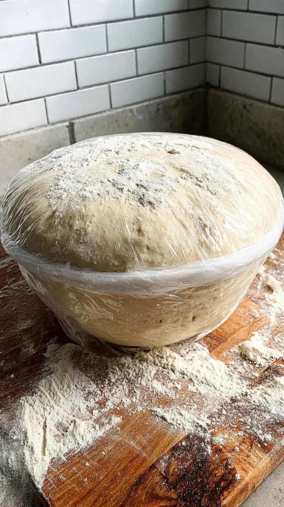 A bowl of potato-flake sourdough dough, domed and doubled under plastic wrap, lightly dusted with flour on a wooden board near a tiled backsplash.