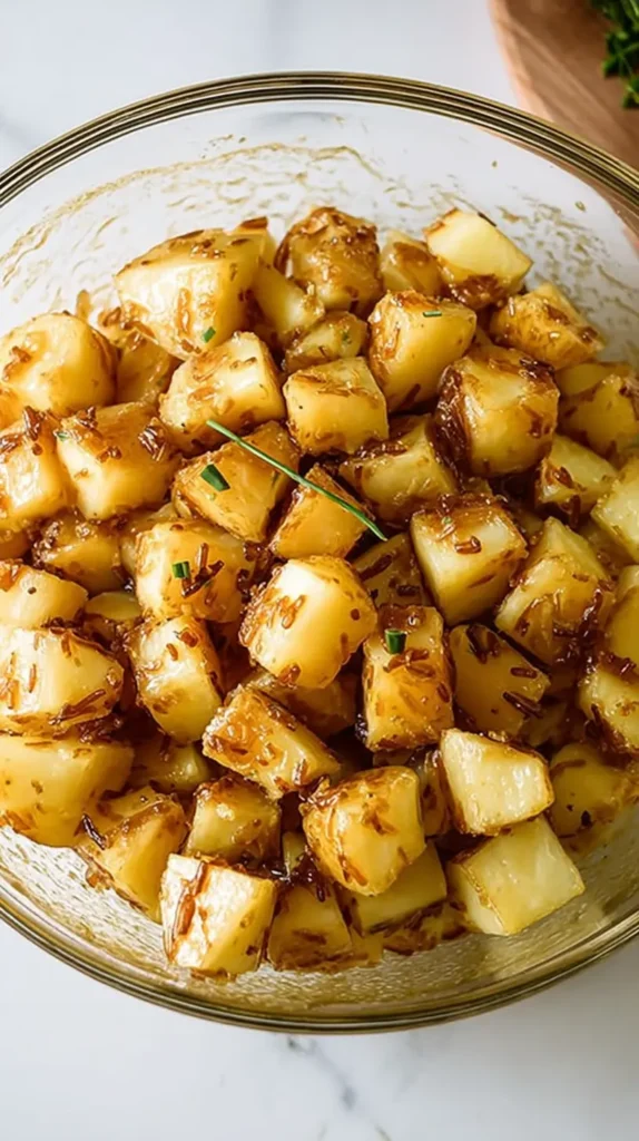 Potatoes with Lipton Onion Soup: Easy, Crispy & Amazing tossed in a bowl with oil, soup mix, and herbs before roasting.