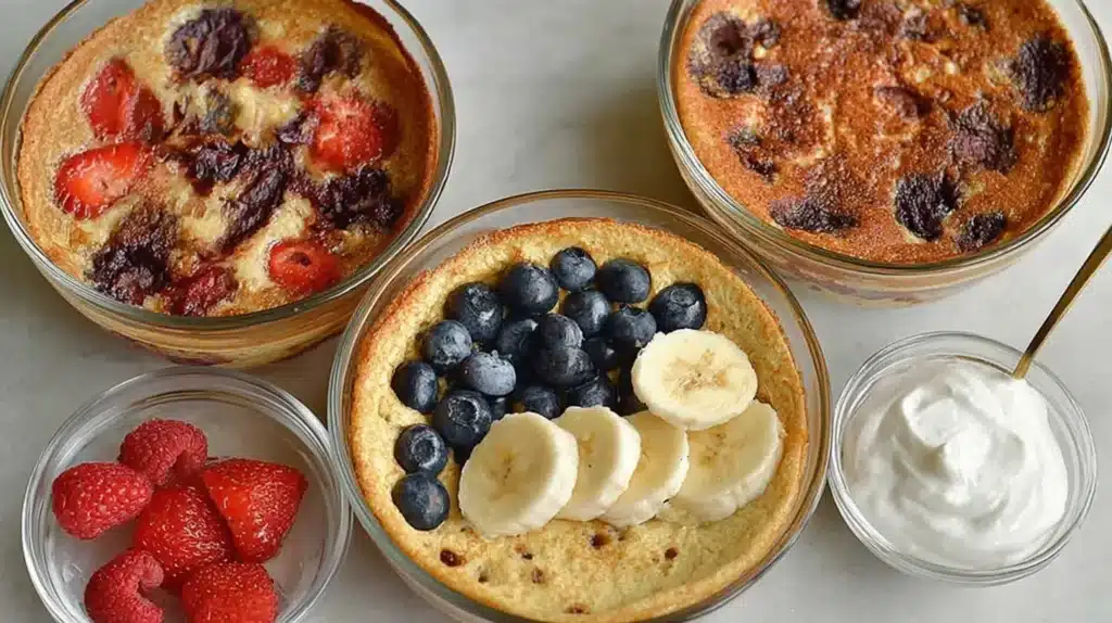 Finished bowls for protein pancake bowl recipes baked until golden and topped with blueberries, banana, and yogurt