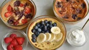 Protein Pancake Bowl Recipes: Easy & Amazing Meal Prep Finished bowls for protein pancake bowl recipes baked until golden and topped with blueberries, banana, and yogurt