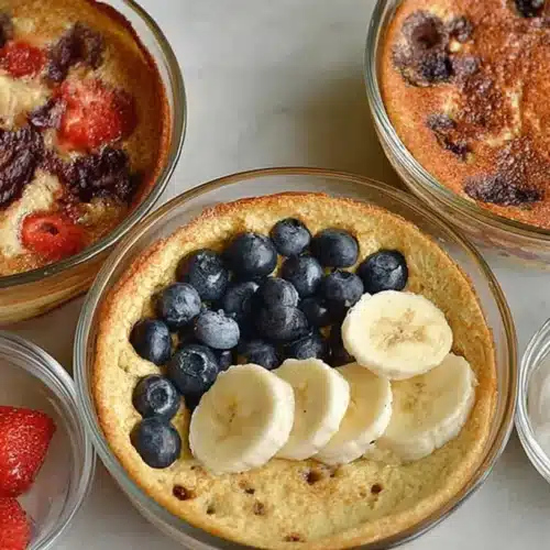 Finished bowls for protein pancake bowl recipes baked until golden and topped with blueberries, banana, and yogurt