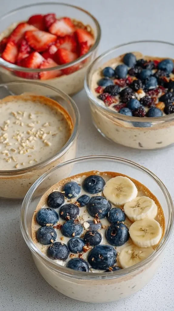 Mixed batter bowls for protein pancake bowl recipes topped with blueberries, banana, and other fruits before chilling or baking