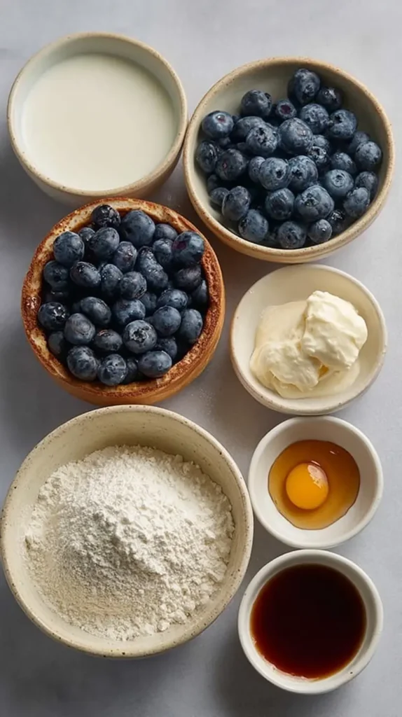 Ingredients for protein pancake bowl recipes including blueberries, flour, buttermilk, egg, yogurt, and vanilla in small bowls