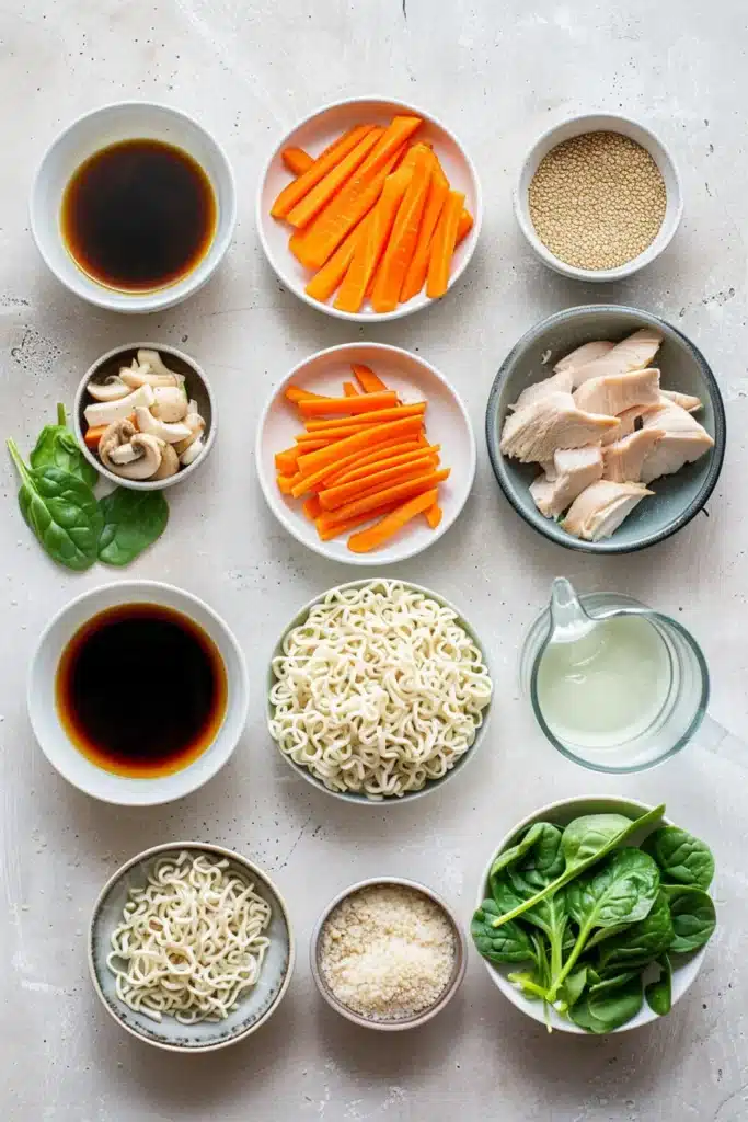 Top-down flatlay of ramen chicken bowl ingredients in separate bowls, including uncooked ramen noodles, sliced carrots, cooked chicken pieces, baby spinach, mushrooms, soy sauce, broth, and grated cheese on a light background.