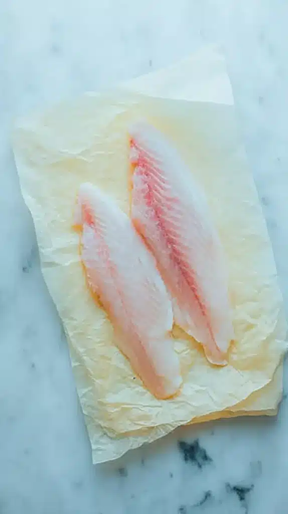 Two fresh red snapper fillets with a pink center laid on crinkled parchment paper over a marble surface.