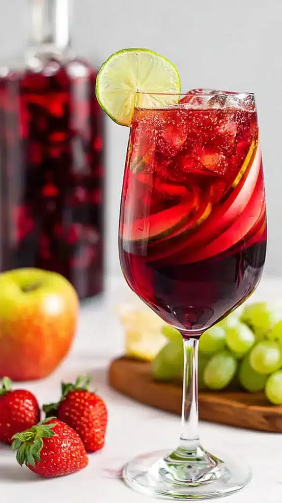 Red Grape Mocktail: Vibrant, Ultimate Sangria-Style 2 Red Grape Mocktail in a stemmed glass with lime slice and fruit slices