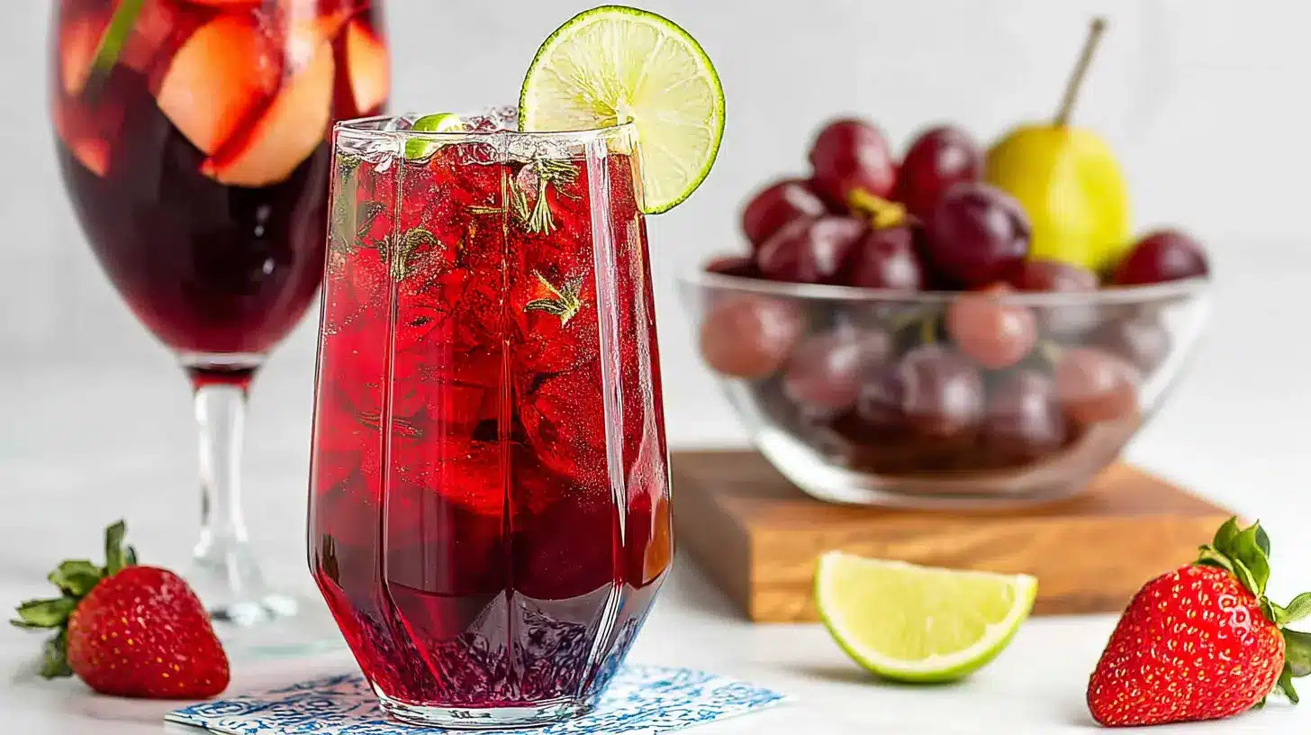Red Grape Mocktail: Vibrant, Ultimate Sangria-Style 1 Red Grape Mocktail in a faceted glass with lime slice and grapes in the background