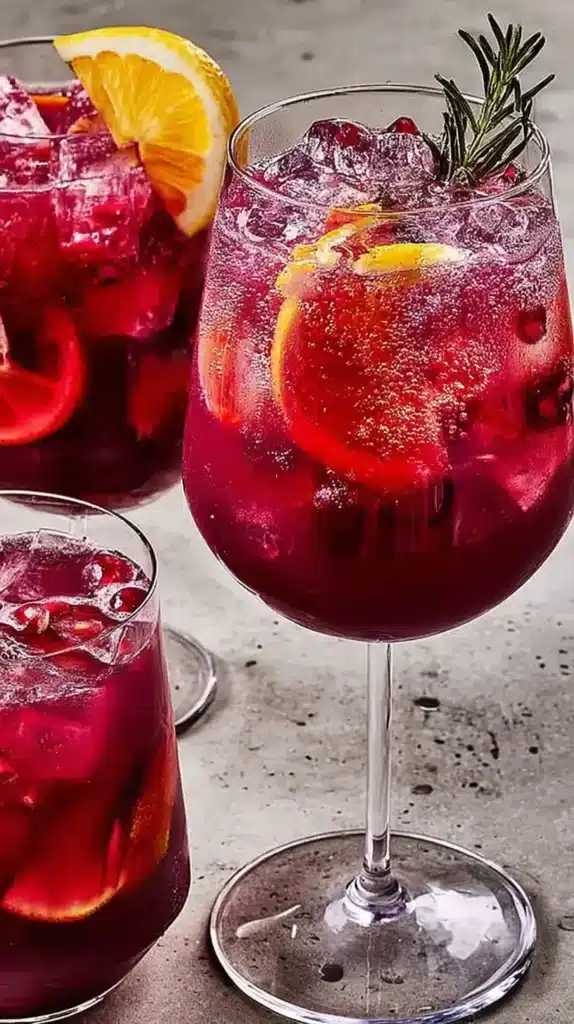 Red Grape Mocktail: Vibrant, Ultimate Sangria-Style 4 Red Grape Mocktail in a wine glass with orange slice and rosemary over ice