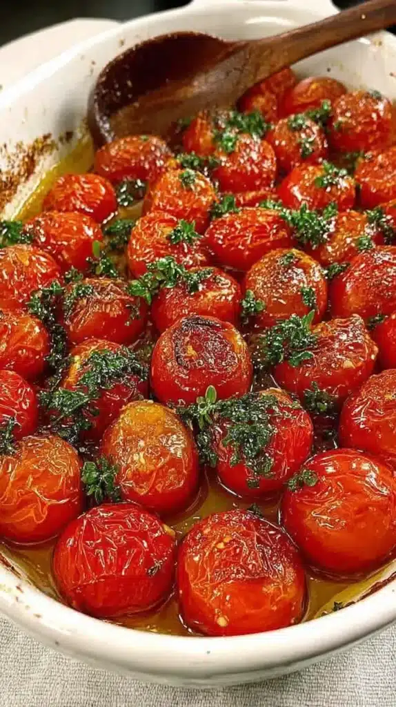 Easy Cherry Tomatoes Recipes: Roasted to Perfection 4 close-up of roasted cherry tomatoes in a white baking dish, blistered and glossy in olive oil with chopped herbs and a wooden spoon