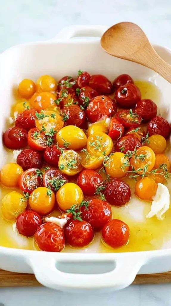 Red and yellow cherry tomatoes roasting in olive oil with thyme in a white baking dish