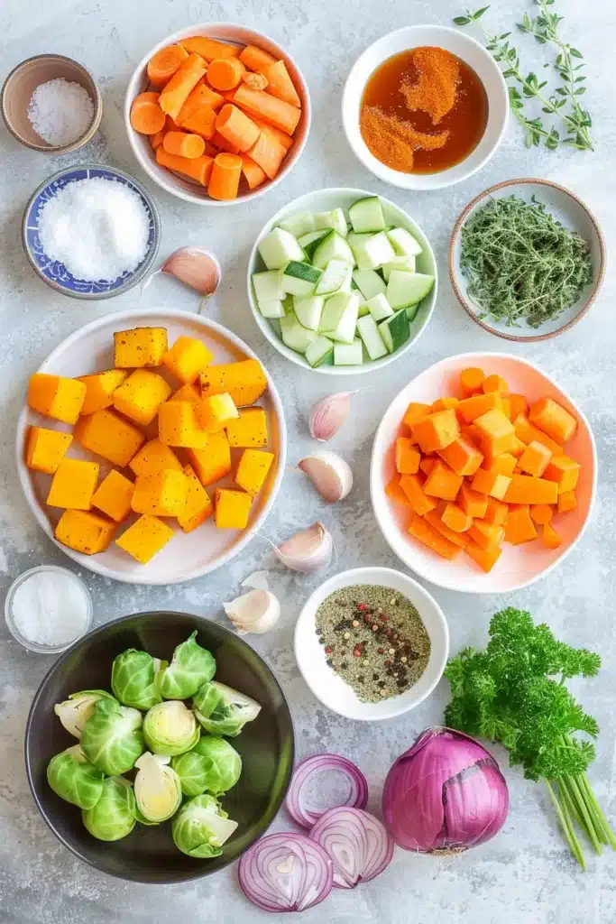 Roasted Fall Vegetables (Cozy Sheet Pan Side) 3 Overhead view of chopped squash, carrots, Brussels sprouts, onion, herbs, and seasonings for roasted fall vegetables.