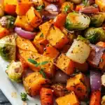 White platter piled with roasted fall vegetables including squash, Brussels sprouts, carrots, and onion.