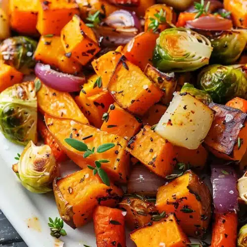 Roasted Fall Vegetables (Cozy Sheet Pan Side) 2 White platter piled with roasted fall vegetables including squash, Brussels sprouts, carrots, and onion.