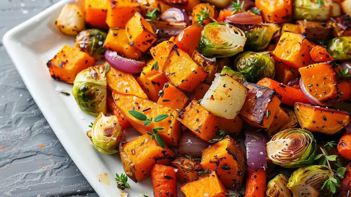 Roasted Fall Vegetables (Cozy Sheet Pan Side) 1 White platter piled with roasted fall vegetables including squash, Brussels sprouts, carrots, and onion.