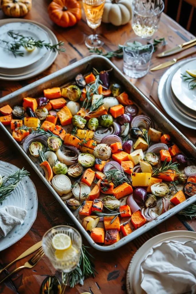 Roasted Fall Vegetables (Cozy Sheet Pan Side) 4 Sheet pan of roasted fall vegetables with herbs on a cozy autumn dinner table.