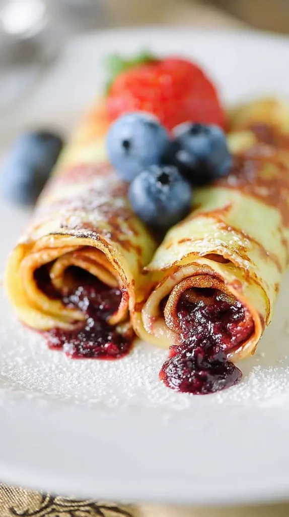 Rolled Norwegian pancakes filled with berry jam and dusted with powdered sugar, served with fresh blueberries and strawberry