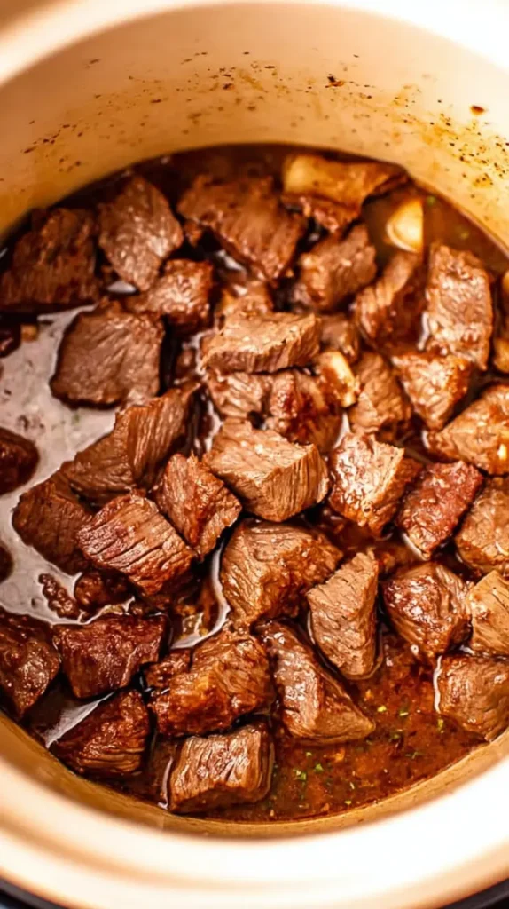 Creamy Steak and Potato Soup: Hearty & Amazing browned steak cubes searing in a Dutch oven for deep flavor.