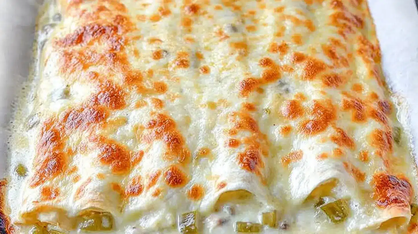 White Chicken Enchiladas baked in a pan with browned cheese and green chiles