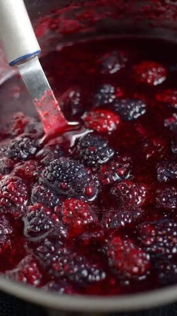Close-up of blackberries simmering in a pot with juices turning into a glossy sauce.