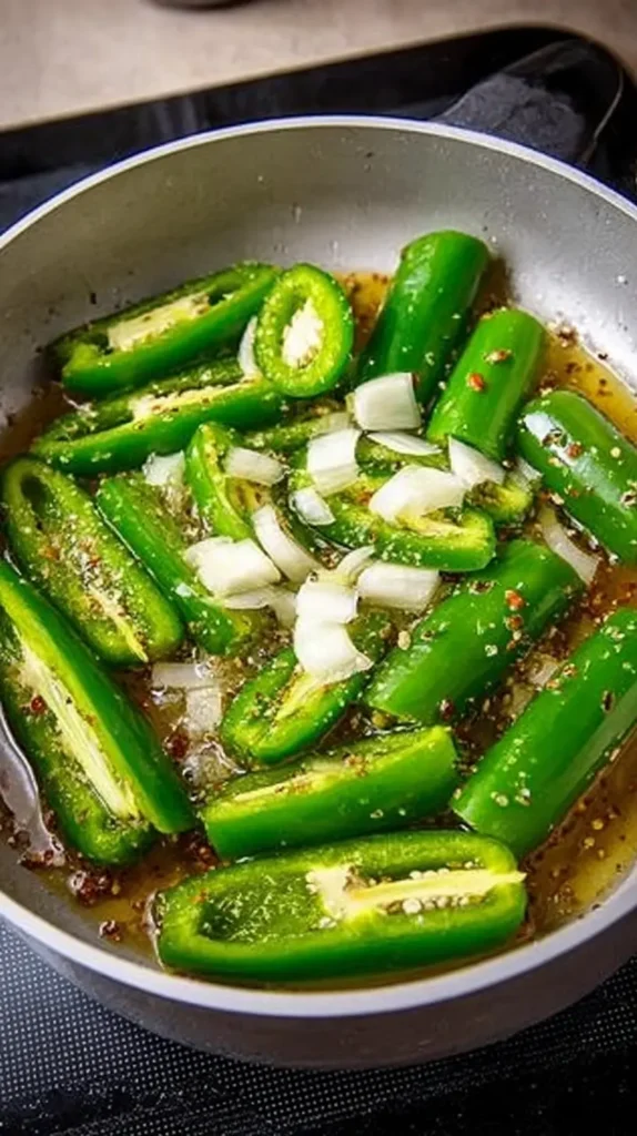 Fresh jalapeño halves simmering with onion, spices, and liquid in a skillet.