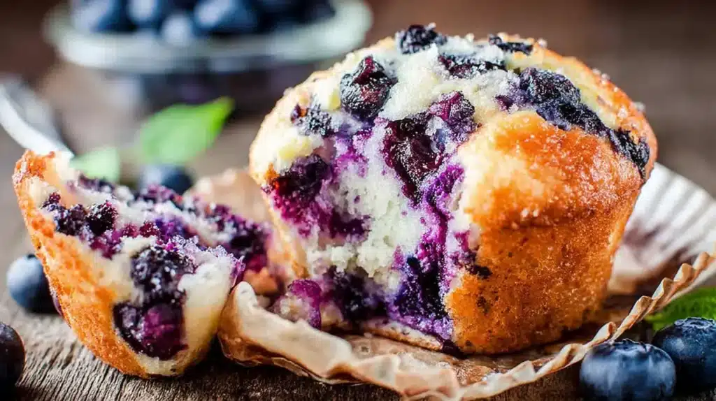 cottage cheese blueberry muffins split open to show juicy berries and tender crumb on a rustic table