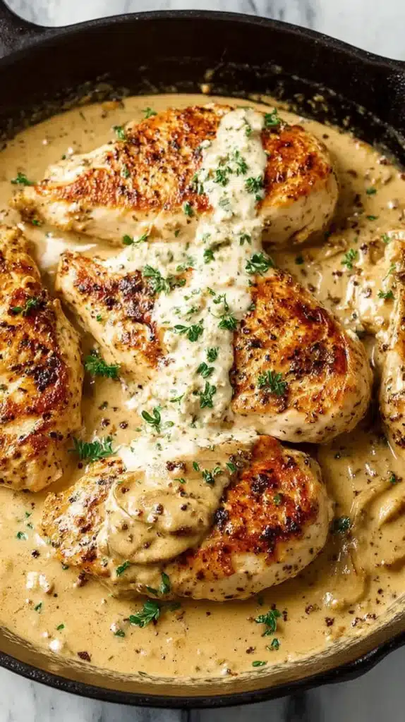 Cast-iron skillet with seared chicken breasts simmering in a thick boursin chicken recipe cheese cream sauce, garnished with fresh herbs.