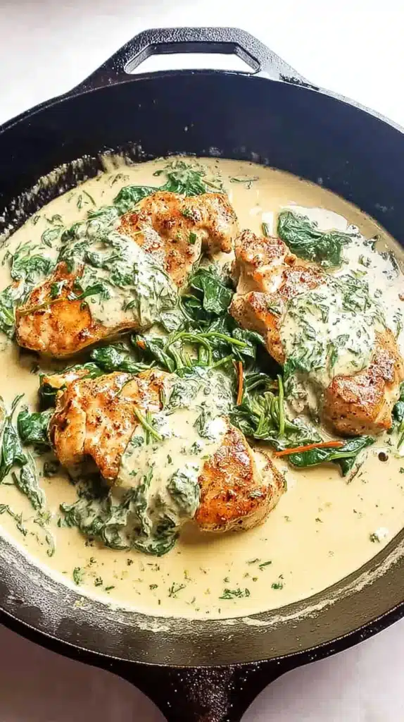 Cast-iron skillet filled with golden chicken breasts simmering in a creamy Boursin and spinach sauce.