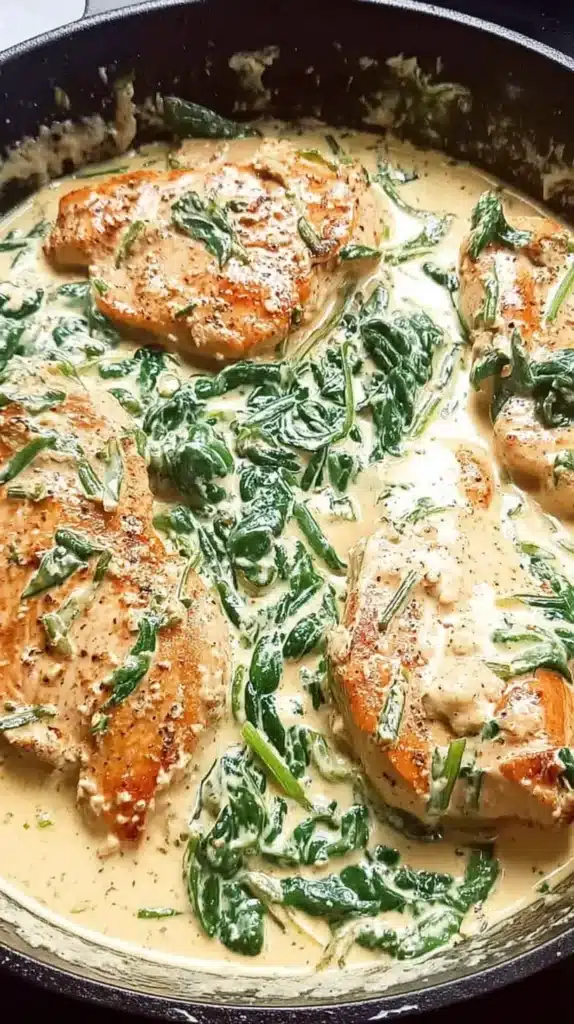 Cast-iron skillet with seared chicken breasts simmering in a creamy Boursin garlic-herb sauce packed with wilted spinach.