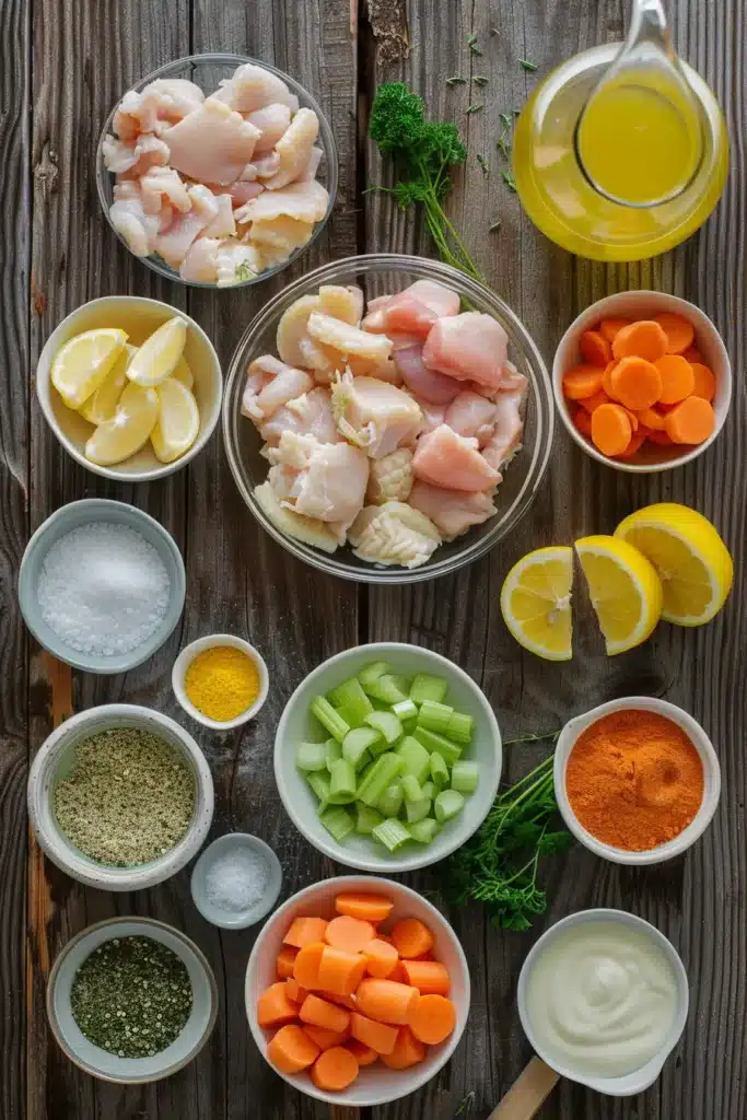Overhead view of slow cooker lemon chicken soup ingredients in separate bowls, with raw chicken pieces, lemon wedges, sliced carrots, celery, broth, herbs, and seasonings on a rustic wooden table.