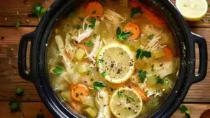Overhead shot of slow cooker lemon chicken soup in a black crockpot, with shredded chicken, carrots, celery, lemon slices, and fresh parsley in a golden broth.