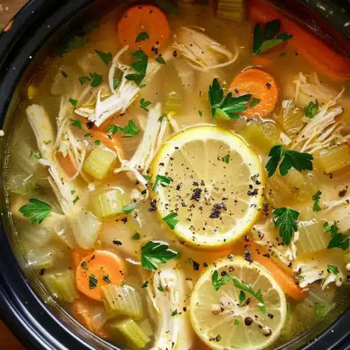 Overhead shot of slow cooker lemon chicken soup in a black crockpot, with shredded chicken, carrots, celery, lemon slices, and fresh parsley in a golden broth.