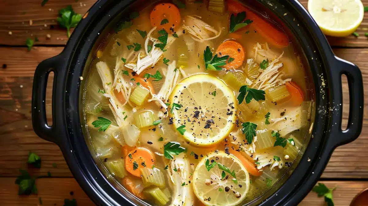 Overhead shot of slow cooker lemon chicken soup in a black crockpot, with shredded chicken, carrots, celery, lemon slices, and fresh parsley in a golden broth.