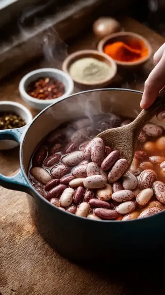 Easy Anasazi Beans Recipe for Amazing Flavor 5 Steaming pot of Anasazi beans being stirred with a wooden spoon, with bowls of colorful spices in the background.