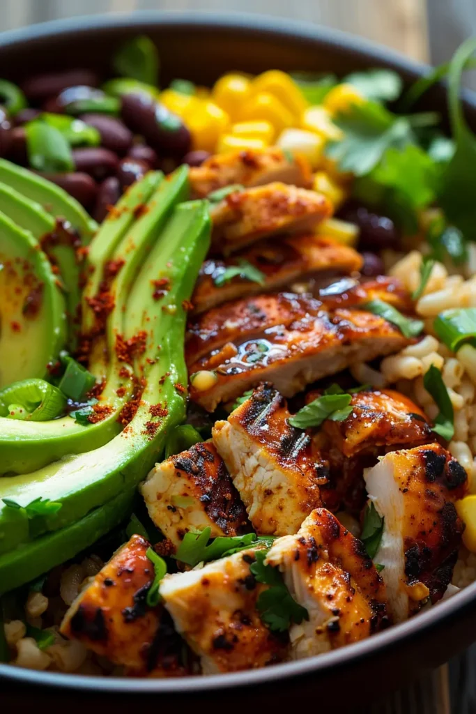 Close-up of a chicken avocado bowl with juicy grilled chicken pieces, sliced avocado, corn, beans, rice and fresh herbs in a deep bowl