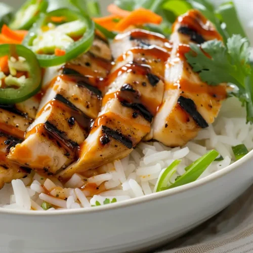 Grilled chicken slices over rice with jalapeños, carrots, and fresh herbs in a spicy bowl.