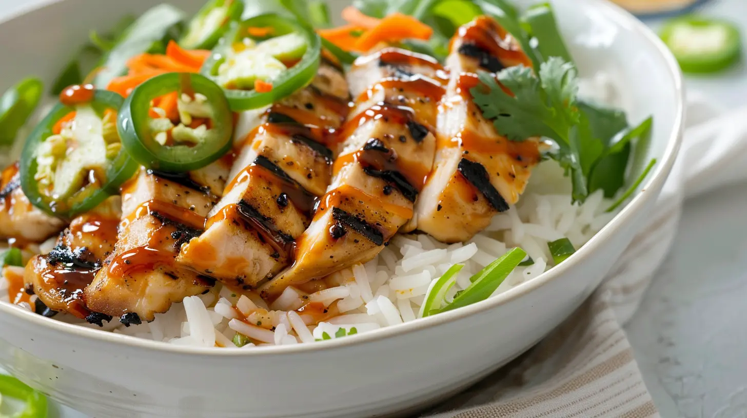 Grilled chicken slices over rice with jalapeños, carrots, and fresh herbs in a spicy bowl.
