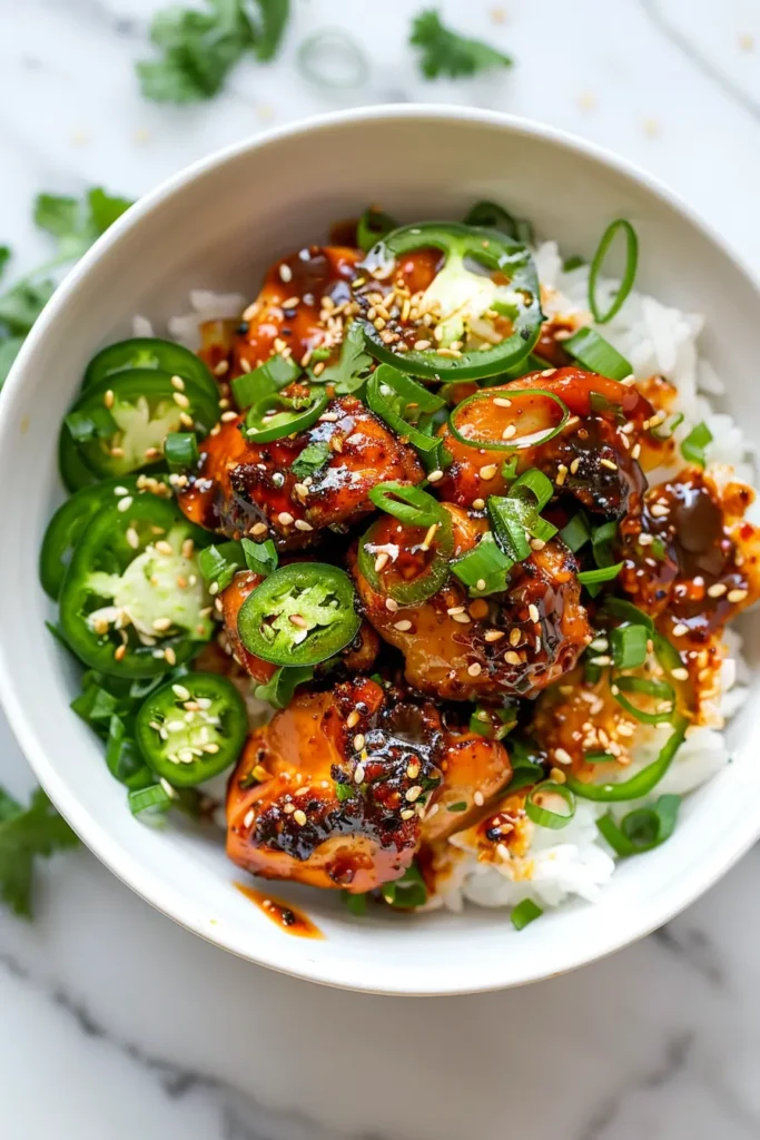 Spicy chicken bowl with jalapeños, sesame seeds, and scallions over white rice.