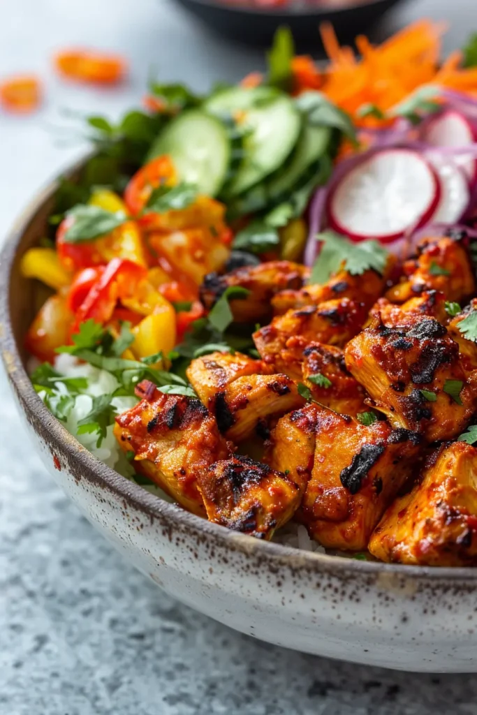 Grilled spicy chicken bowl with rice, cucumbers, peppers, and fresh herbs.