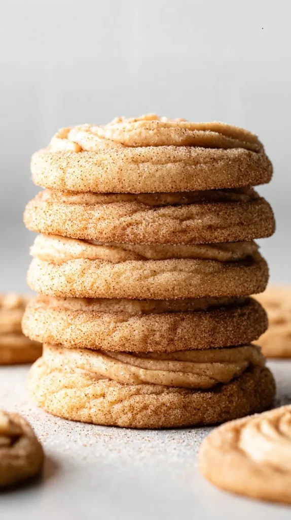 churro cookie recipe stack with cinnamon buttercream filling between cookies, side view of sugar-dusted layers