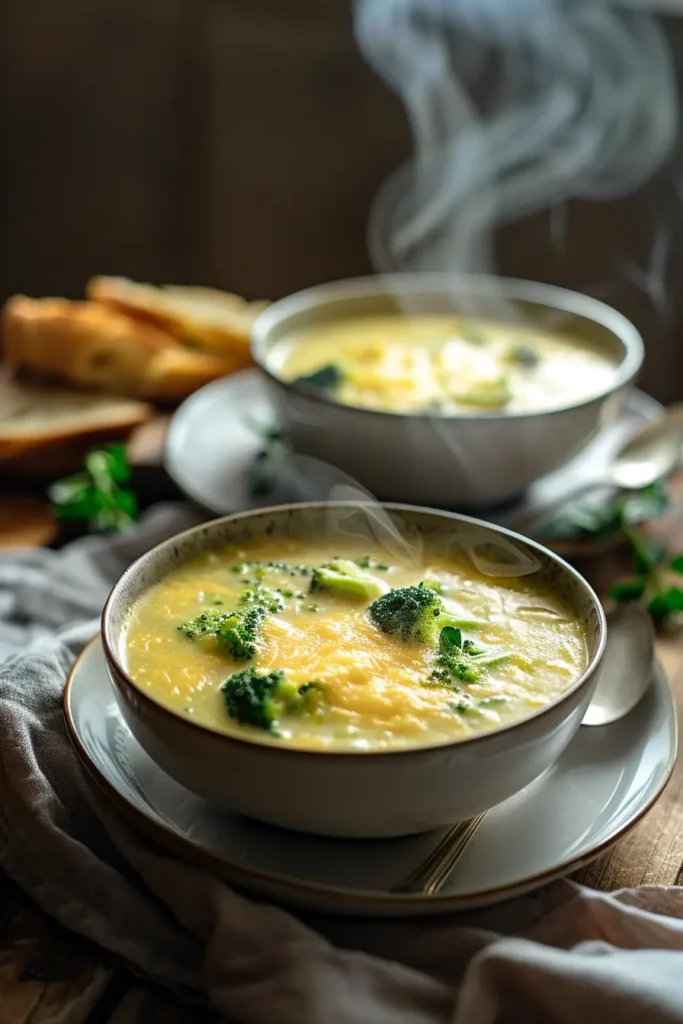 Two steaming bowls of broccoli cheddar soup on a rustic wooden table, topped with broccoli florets and melted cheese.