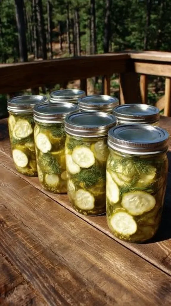 Six mason jars of sliced cucumbers, fresh dill, and brine sitting in direct sunlight on a wooden deck with pine trees in the background.
